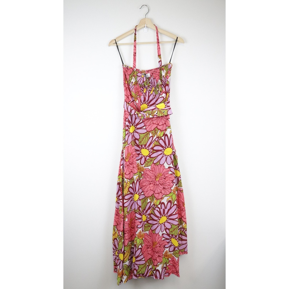 NWT S/W/F x REVOLVE Halter Dress Frida Floral Maxi Pink Purple Smocked Small - Picture 2 of 12